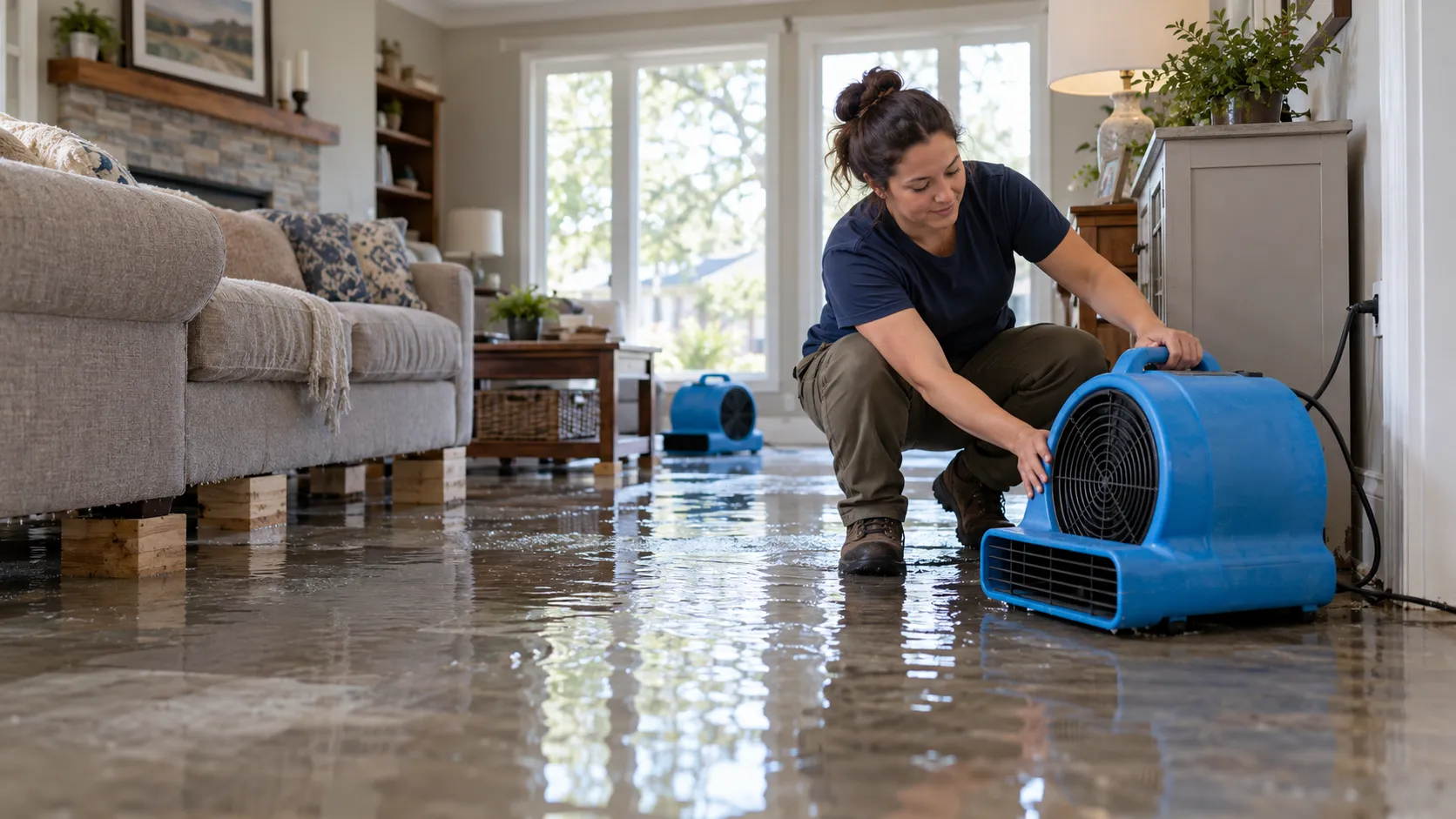 Water damage restoration technician drying a flooded living room in San Diego